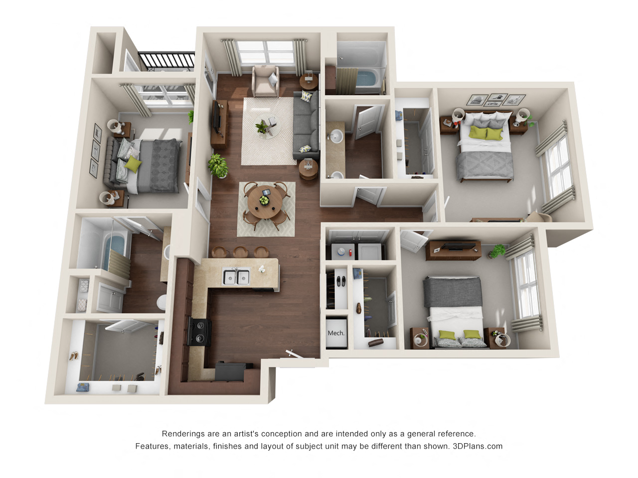 Floor plan for 3 beds, 2 baths, 1296 sqft